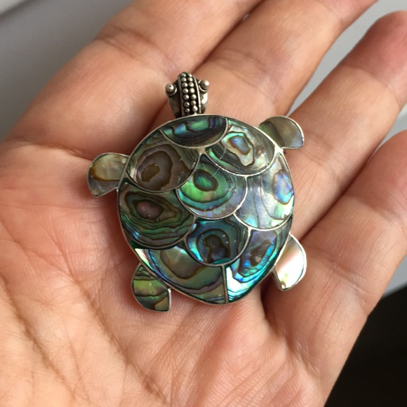 🖤Vtg abalone shell & sterling silver turtle brooch/pendant